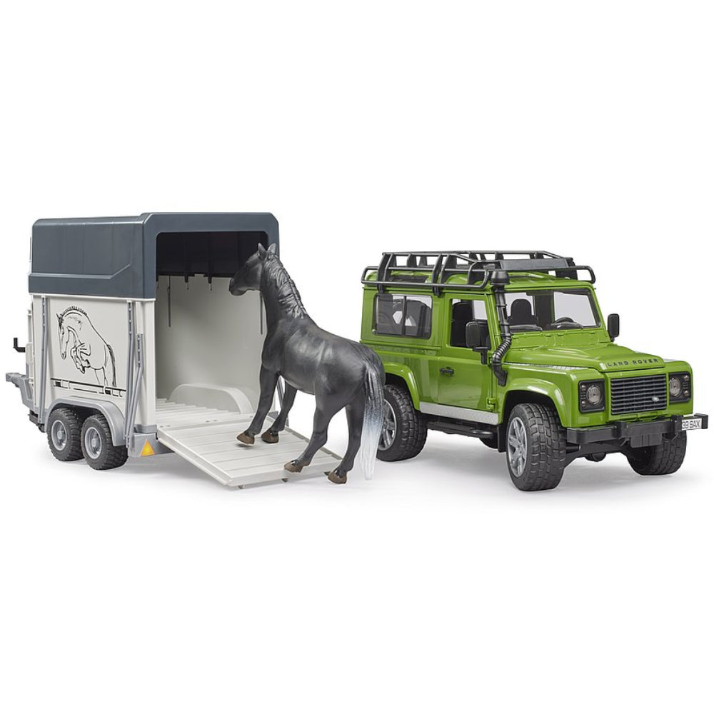 Bruder Land Rover Defender Station Wagon mit Pferdeanhänger & Pferd